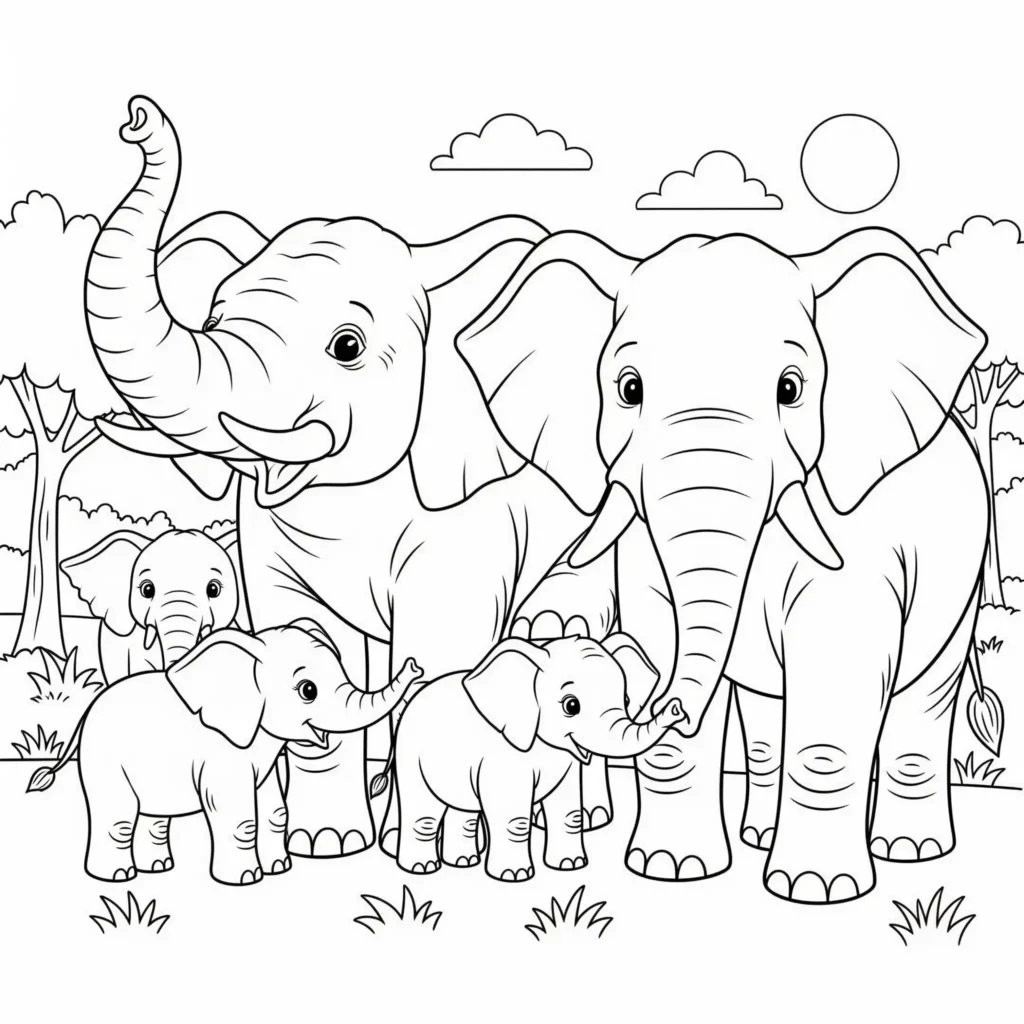 a group of elephants with their babies