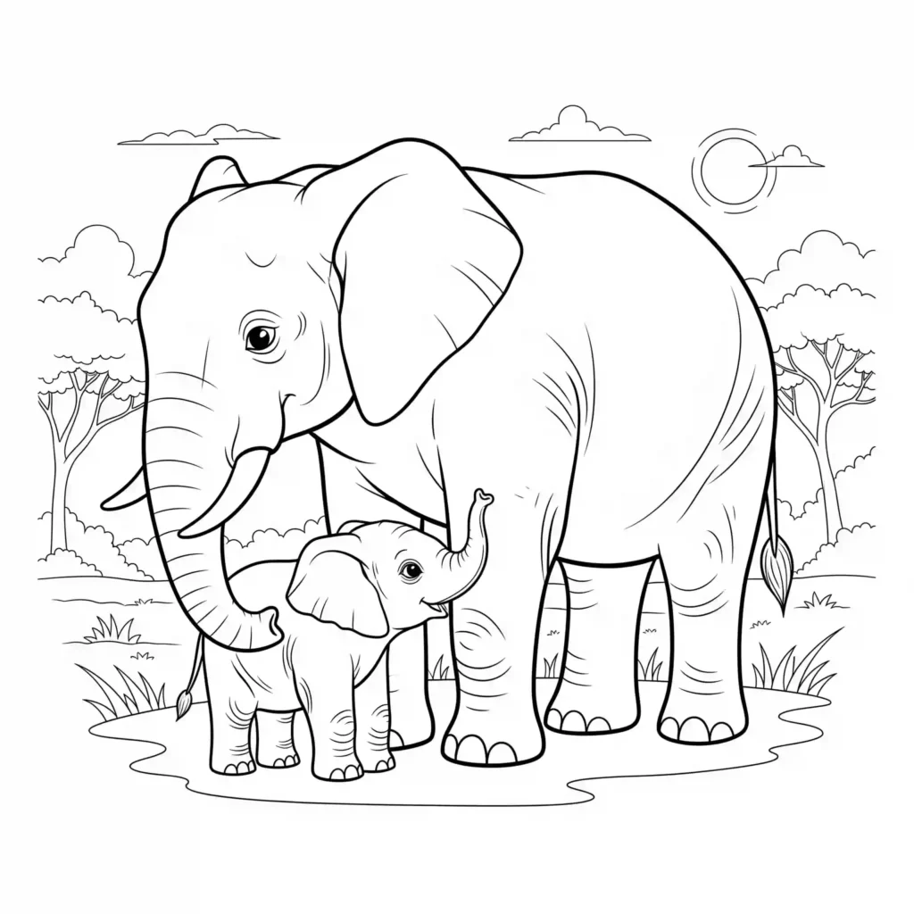 A black-and-white line drawing of an adult elephant and a baby elephant standing together, surrounded by trees, grass, clouds, and a sun or moon in the background.