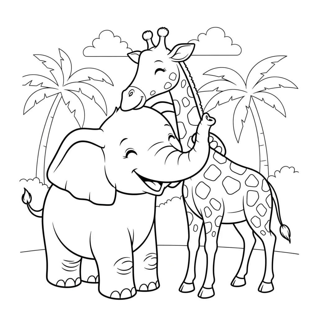Black-and-white drawing of a cartoon elephant and giraffe in a friendly pose, with palm trees and clouds in the background, designed for coloring.