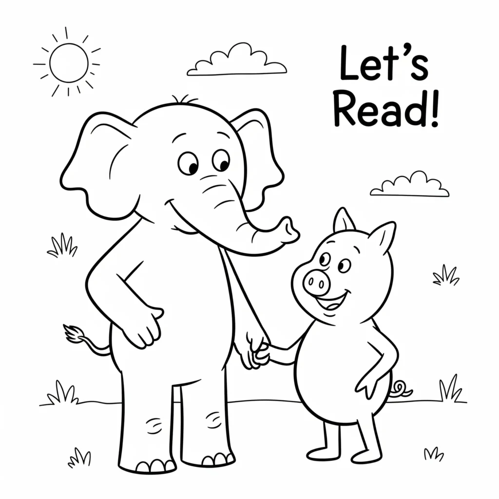 Black-and-white drawing of a cartoon elephant and pig with the text "Let's Read!" on grass with a sun and clouds, designed for coloring.