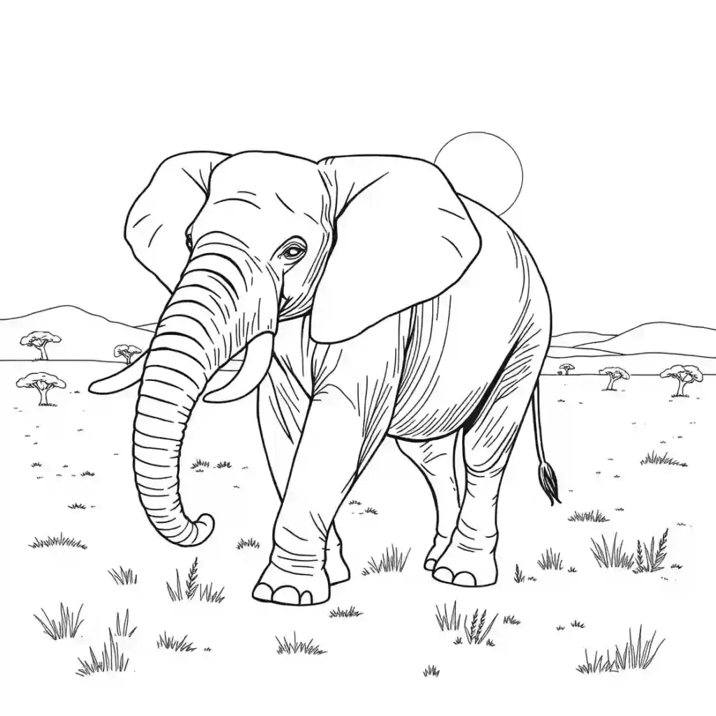 Black-and-white illustration of an elephant in a savanna with grass, trees, mountains, and a sun in the background.