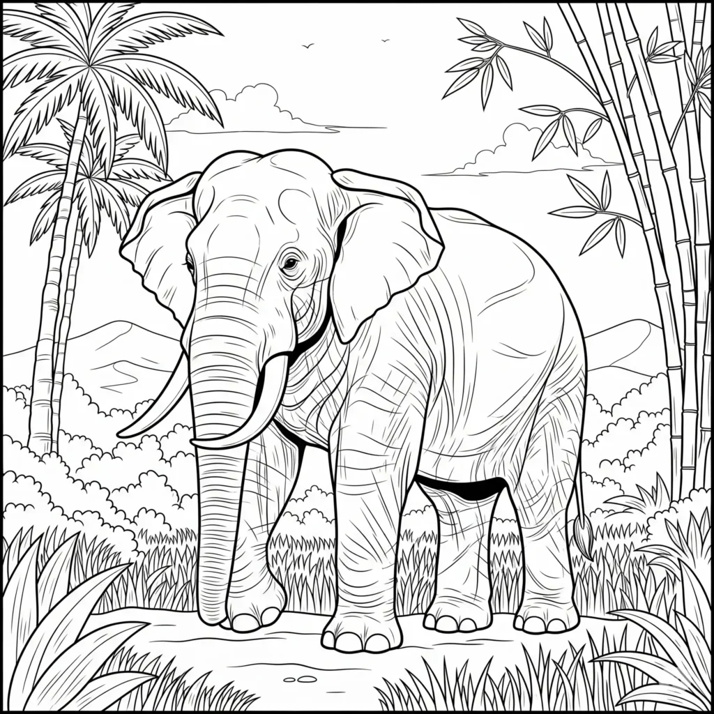 A black-and-white line drawing of an elephant standing in a tropical jungle, surrounded by palm trees, bamboo, tall grasses, and mountains in the background under a cloudy sky.