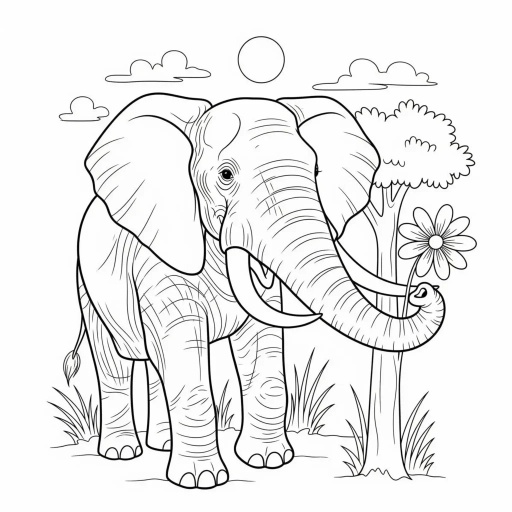 A black-and-white line drawing of an elephant holding a flower with its trunk, standing near a tree with a large flower. The background features grass, clouds, and a sun or moon in the sky.