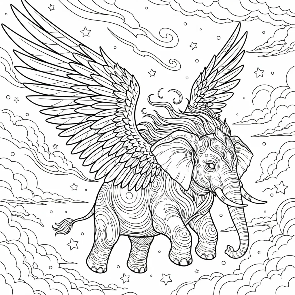 A black-and-white illustration of an elephant with large, ornate wings, seemingly flying through a celestial sky. The background includes swirling clouds, stars, and a crescent moon, all detailed with intricate patterns.