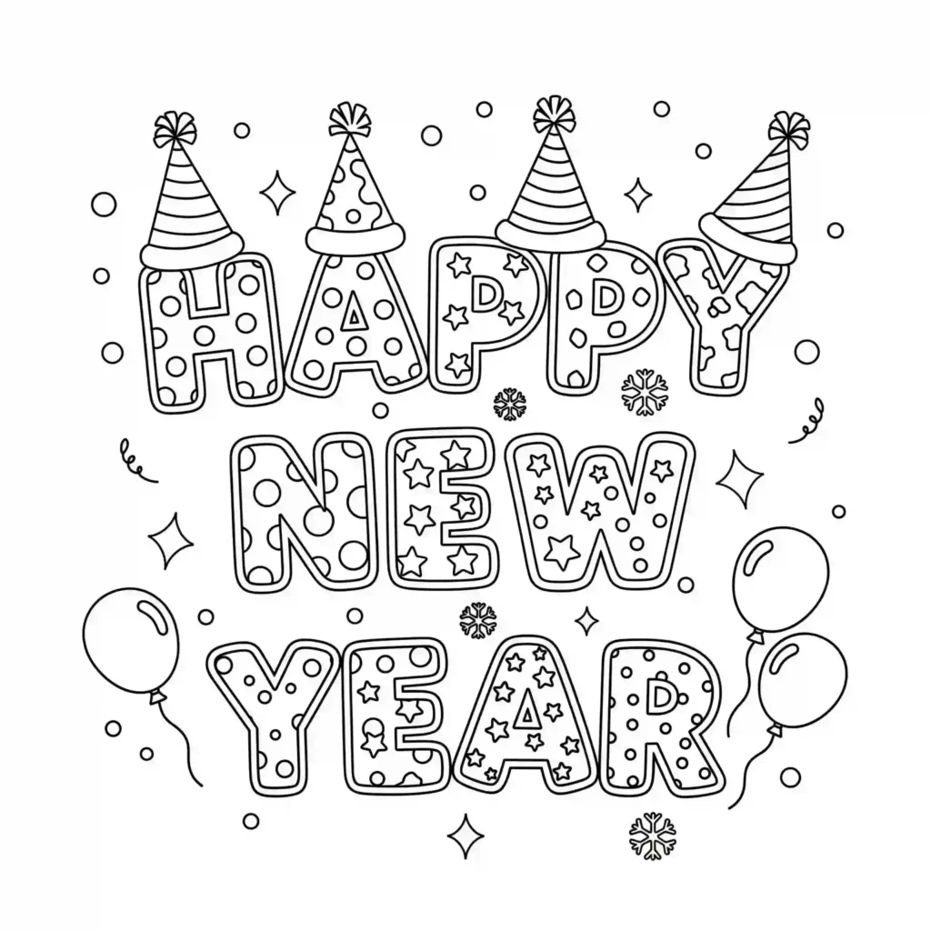 A black-and-white illustration of the words "Happy New Year" with party hats on the letters, surrounded by balloons, stars, snowflakes, and confetti.