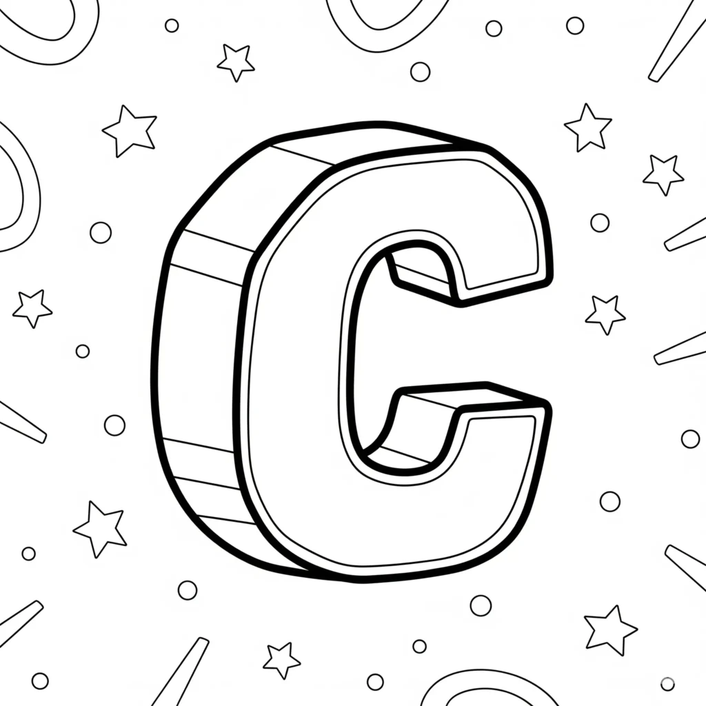 : Black outline of the letter "C" with stars, dots, and curved lines around it on a white background.