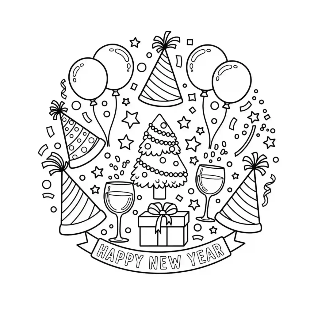 A black-and-white illustration featuring a New Year party scene with balloons, party hats, a decorated tree, champagne glasses, and a gift box, surrounded by confetti and stars. A "Happy New Year" banner curves along the bottom.