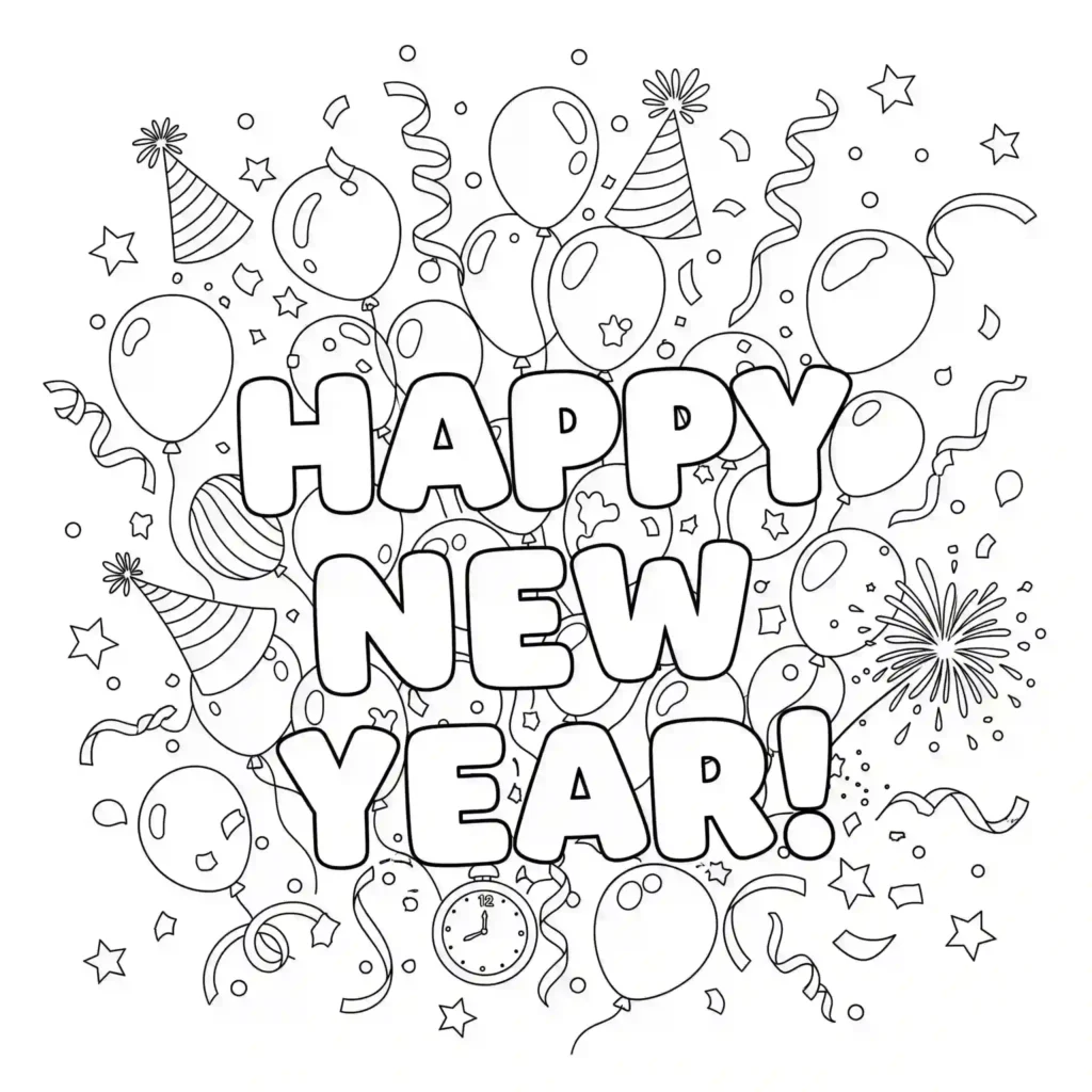 A black-and-white illustration with the text "Happy New Year!" in bold letters, surrounded by balloons, party hats, fireworks, confetti, stars, a clock, and ribbons in a festive party scene