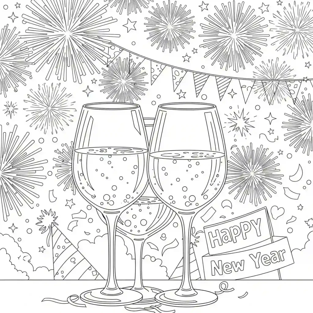 Black-and-white New Year's coloring page with toasting champagne glasses, fireworks, party hats, confetti, a banner with flags, and a "HAPPY NEW YEAR" sign.