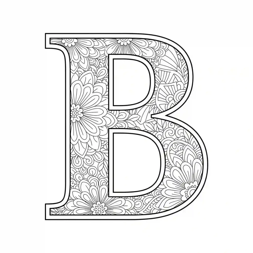Black-and-white coloring page featuring the letter B with elaborate floral and mandala designs inside and around it.