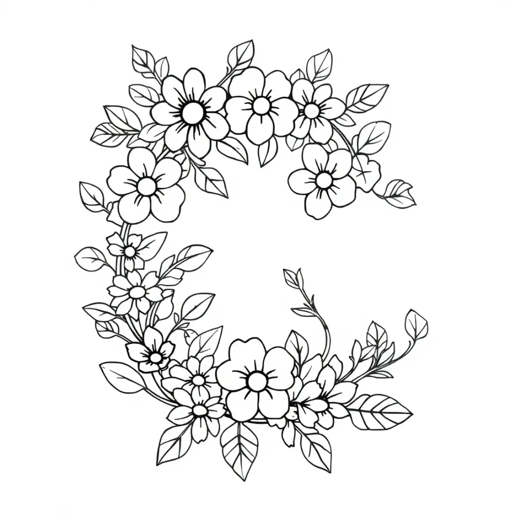 A beautiful letter "C" adorned with floral patterns, perfect for a delicate coloring page.