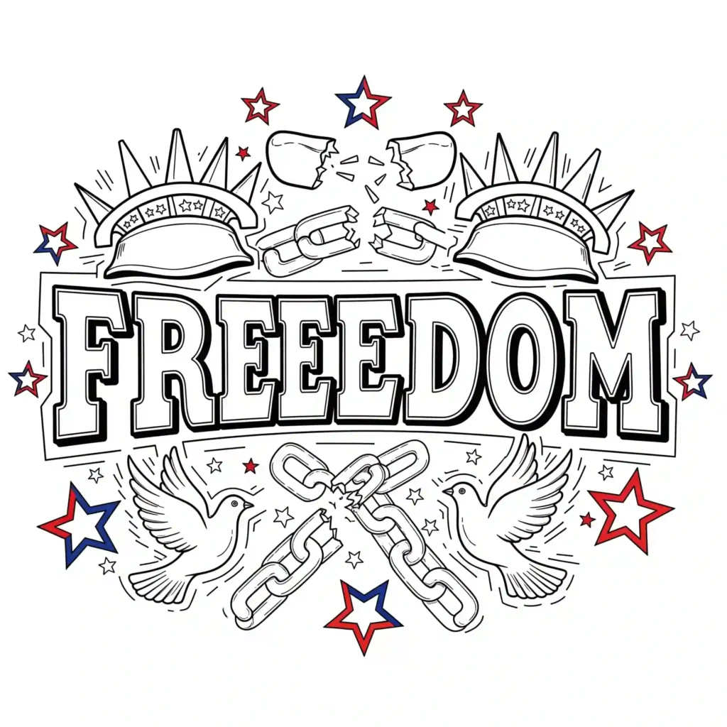 A black-and-white illustration featuring the word "FREEDOM" in large letters, surrounded by a Statue of Liberty crown, broken chains, doves, and red and blue stars, representing liberation and peace.