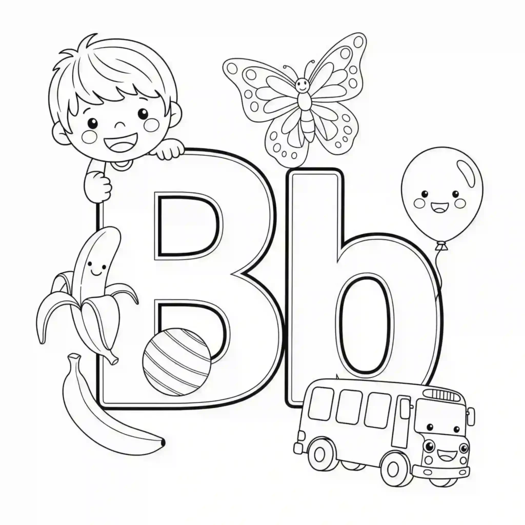Black-and-white coloring page with the letter B in uppercase and lowercase, accompanied by a child, butterfly, balloon, banana, ball, and bus with happy faces.
