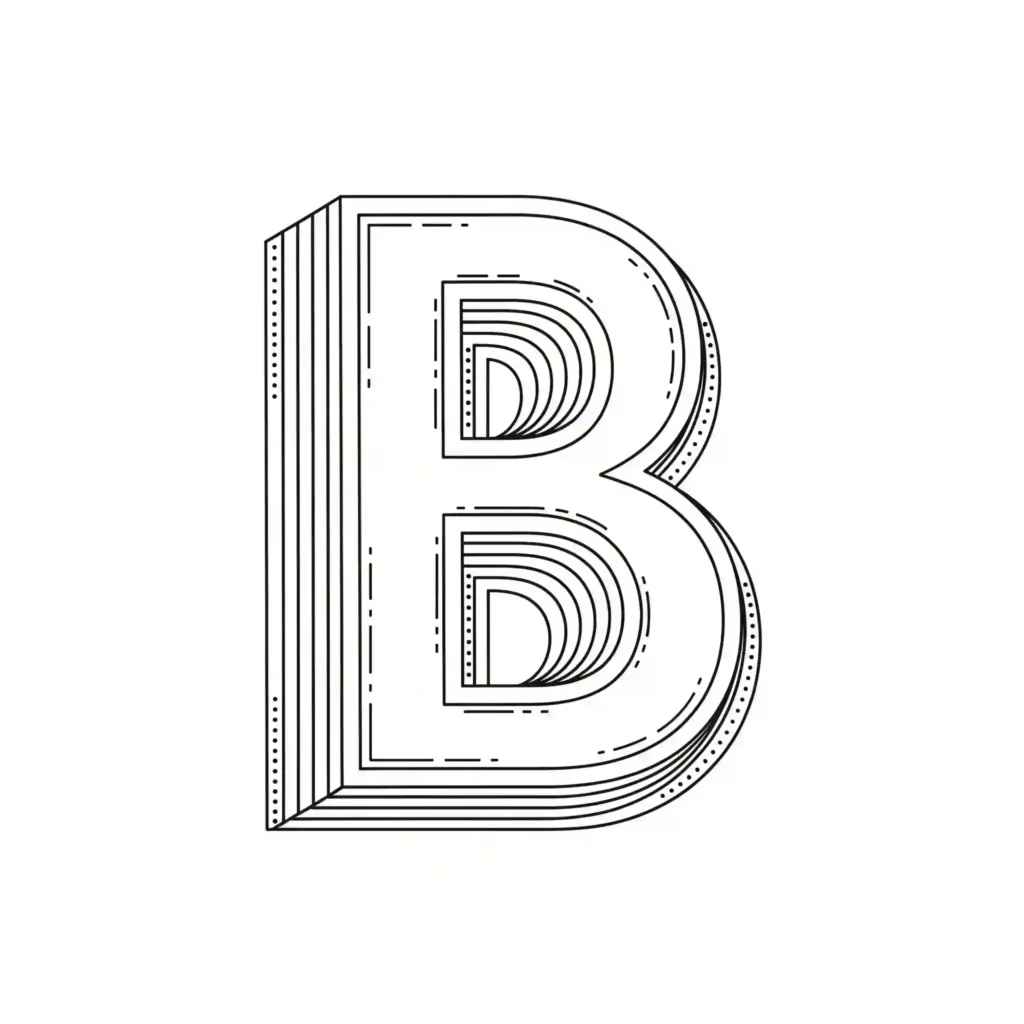 Black-and-white coloring page of the letter B with a geometric layered effect and dotted patterns.