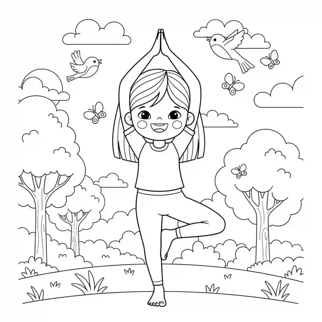 A girl in a tree pose yoga position in a nature scene with trees, clouds, birds, and butterflies.