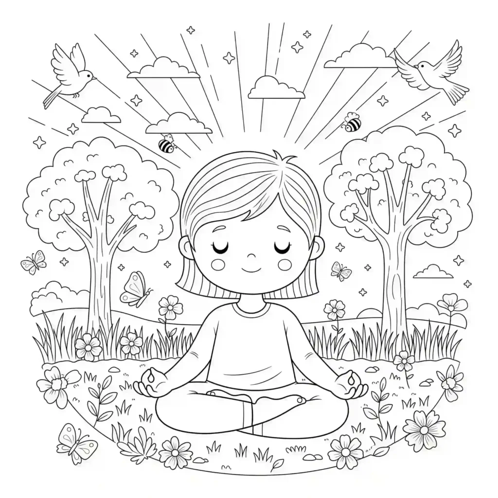 A girl meditating in a nature scene with trees, flowers, butterflies, bees, birds, and stars.