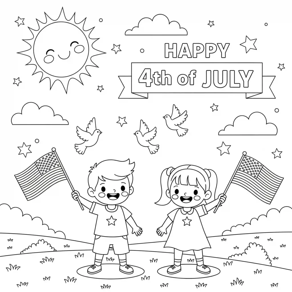 Black-and-white coloring page of two kids with American flags under "HAPPY 4th of JULY" banner, with sun, doves, and stars.