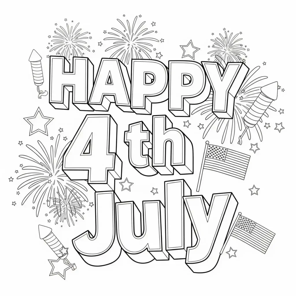 Black-and-white coloring page with 3D text "HAPPY 4th of JULY" adorned with fireworks, stars, rockets, and American flags.