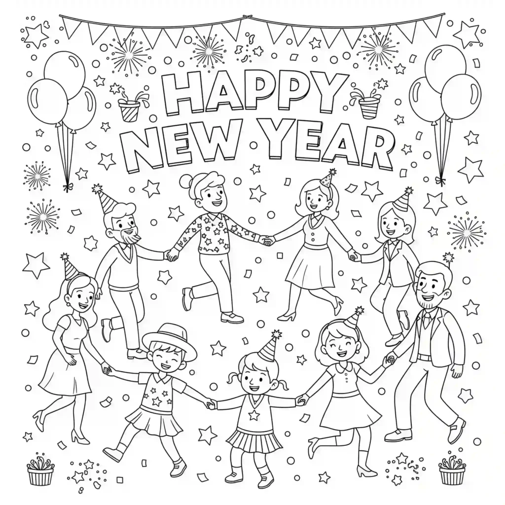 A black-and-white illustration of people holding hands and dancing in a circle, surrounded by balloons, fireworks, and party decorations. A large "Happy New Year" banner is at the top, with stars and confetti scattered throughout the scene.