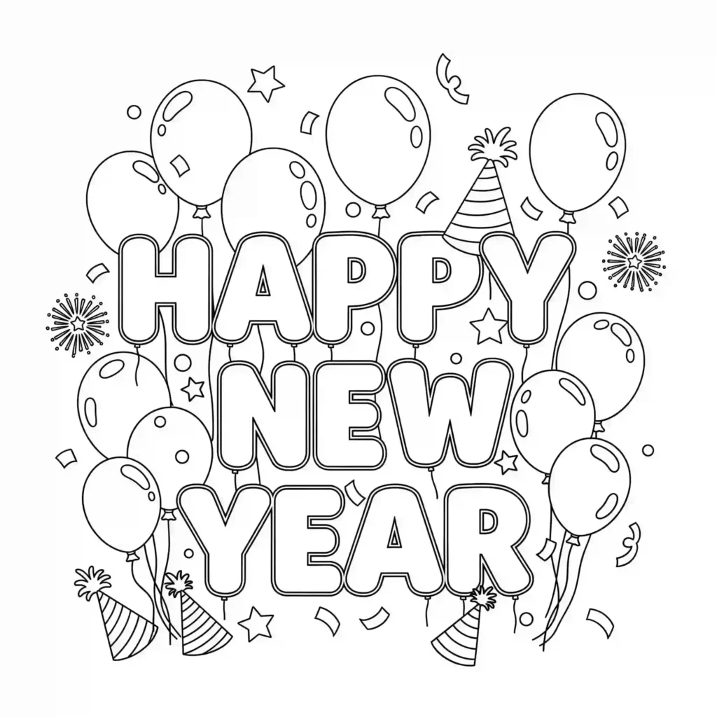 Black-and-white Happy New Year coloring page with balloons, party hats, and confetti surrounding the text.