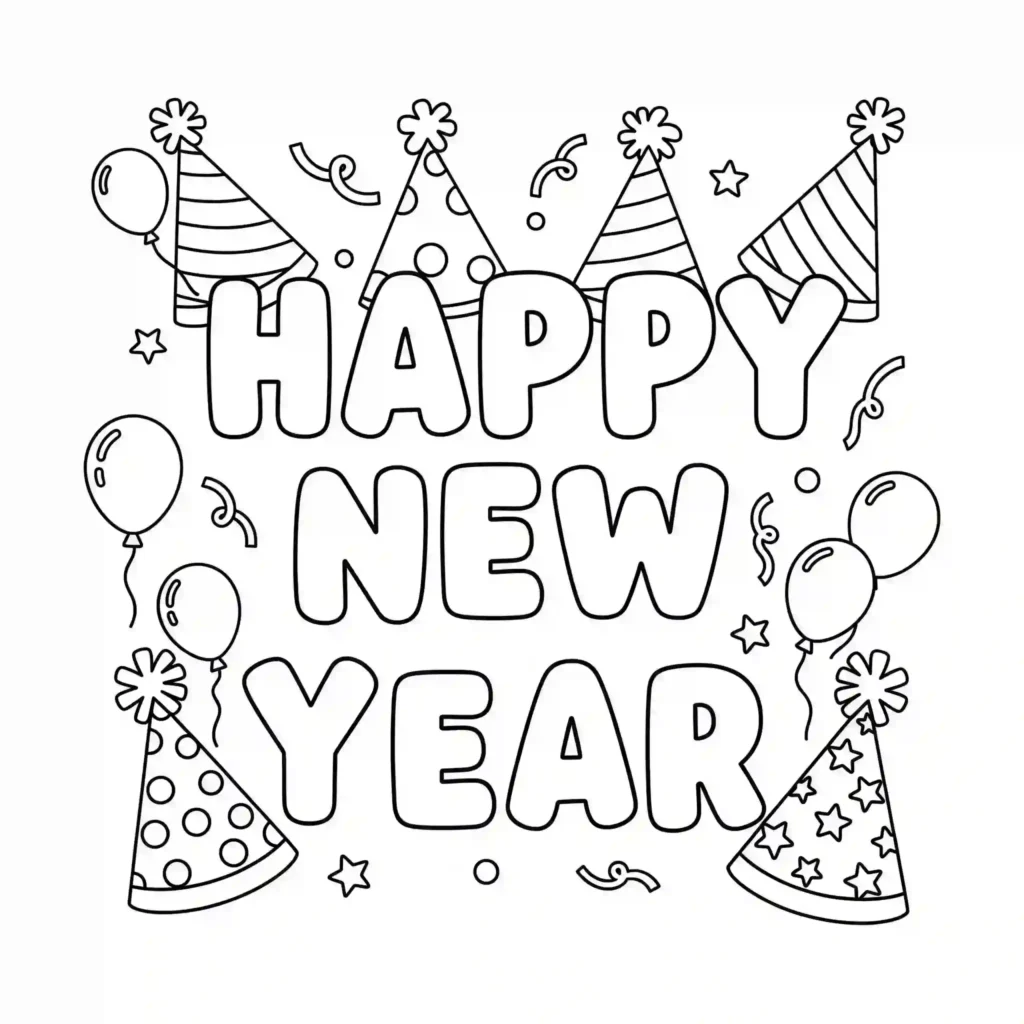 A black-and-white illustration of the words "Happy New Year" with party hats, balloons, confetti, and stars scattered around in a festive arrangement.