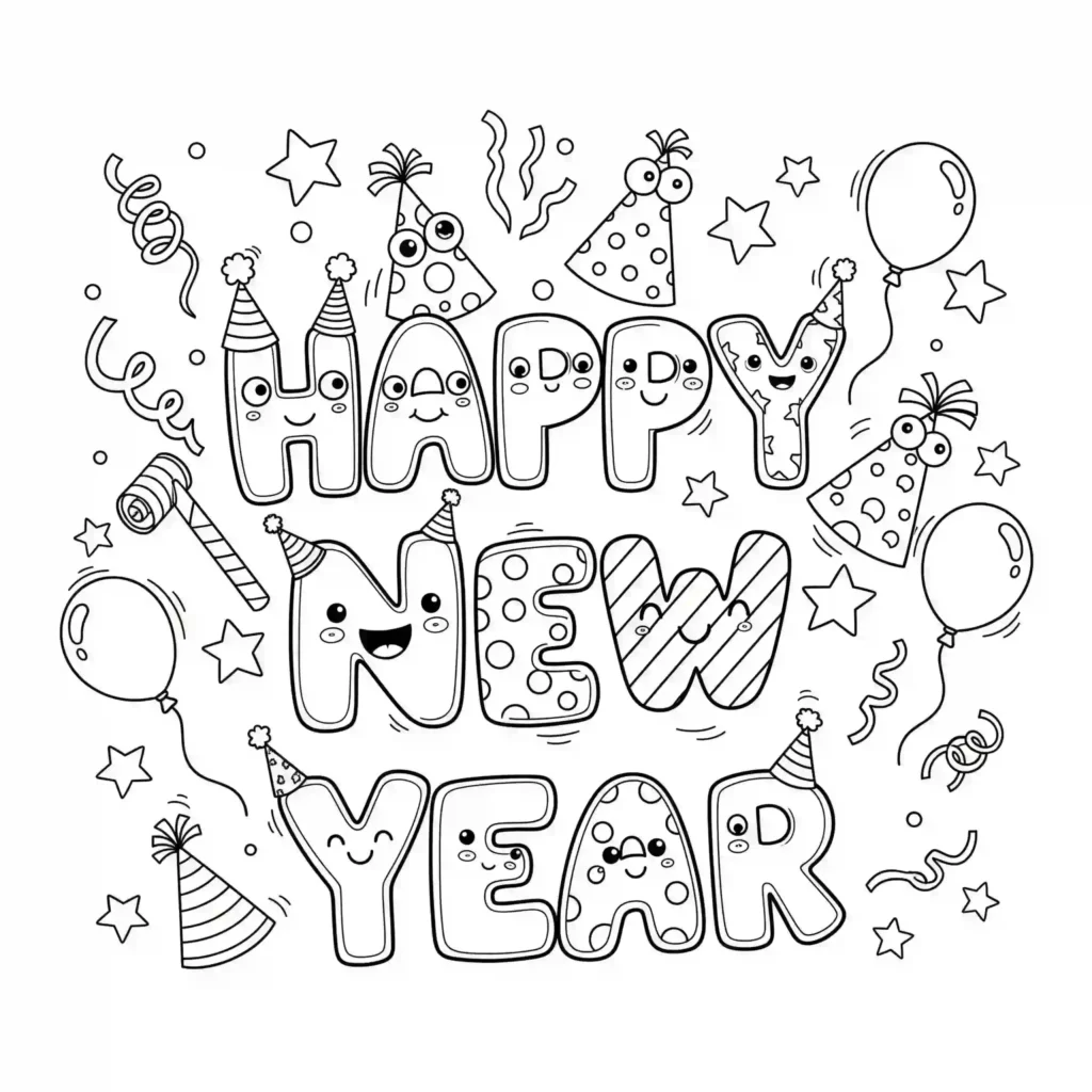 A black-and-white illustration of the words "Happy New Year" decorated with party hats featuring cute faces, surrounded by balloons, streamers, stars, and confetti.