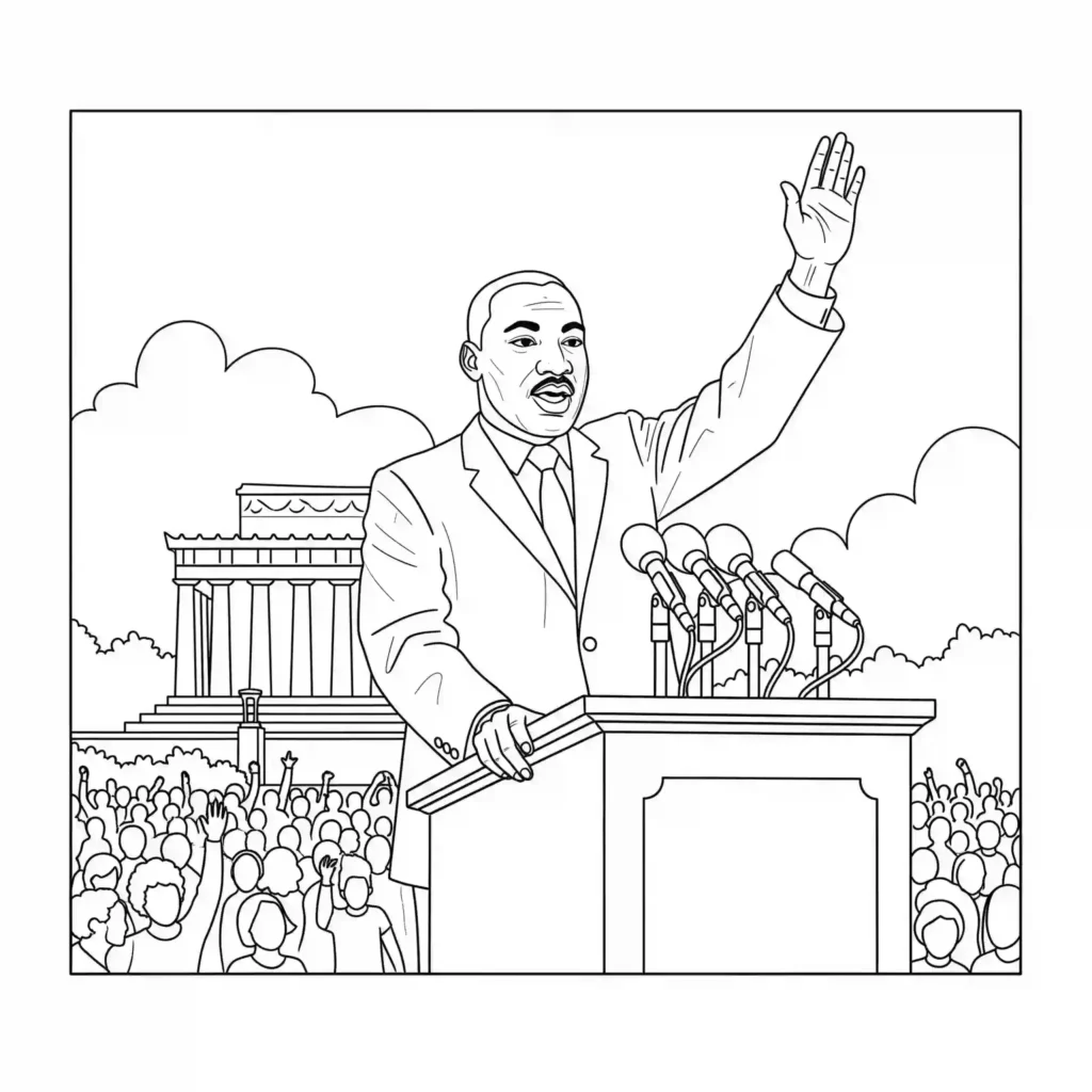 Black-and-white illustration of a person in a suit speaking at a podium with microphones, before a crowd and a monumental building, designed for coloring.