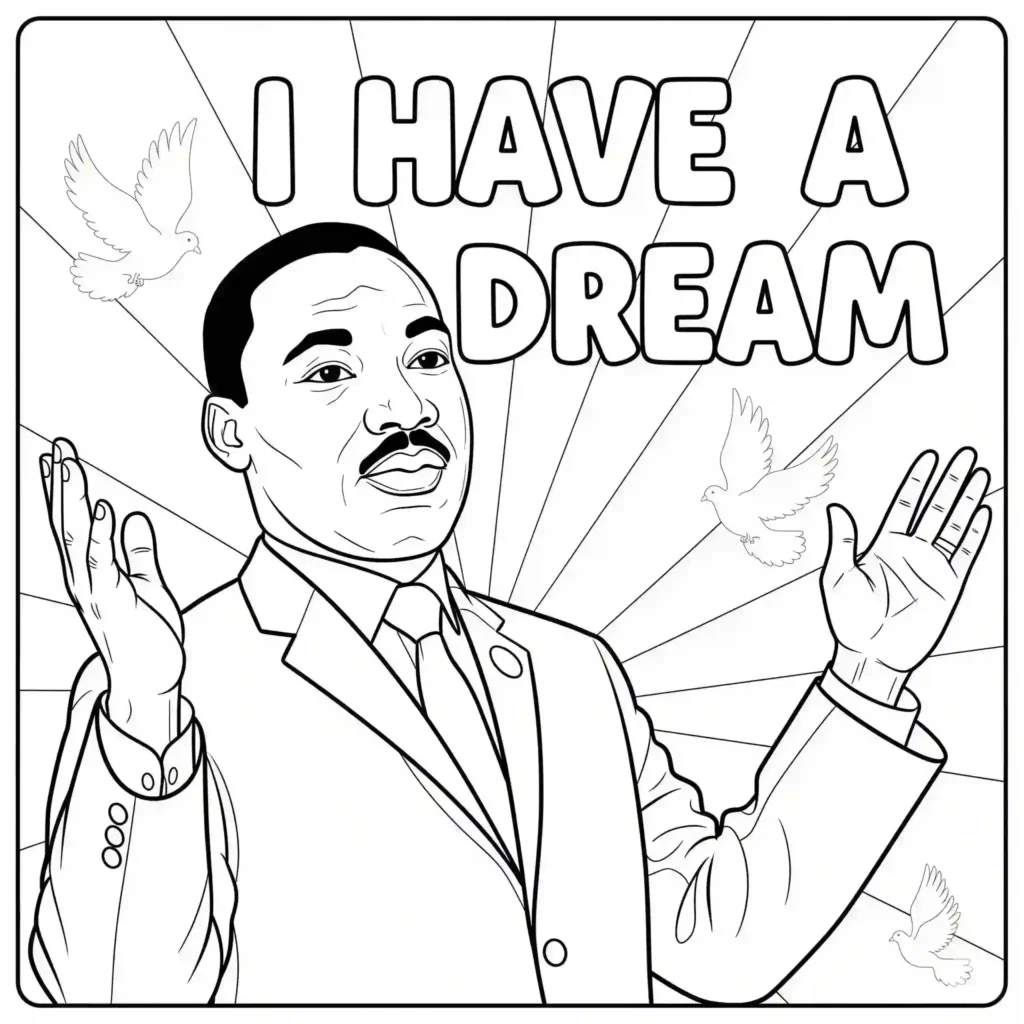 Black-and-white illustration of a person in a suit with arms raised, surrounded by doves and the text "I HAVE A DREAM," with a radiant background, designed for coloring.