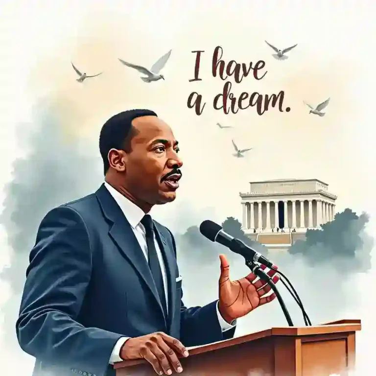 Colored illustration of a person in a blue suit speaking at a podium with microphones, with the text "I have a dream." and doves flying, set against the Lincoln Memorial.