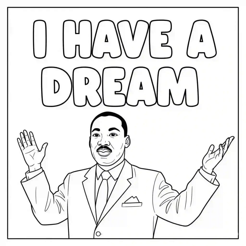 Black-and-white illustration of a person in a suit with arms raised, with the text "I HAVE A DREAM" above, designed for coloring.