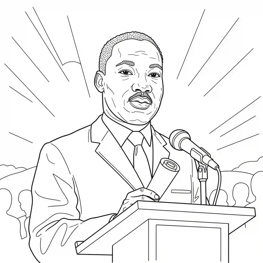 Black-and-white illustration of a person in a suit speaking at a podium with a microphone, holding a rolled document, with a crowd and radiant background, designed for coloring.