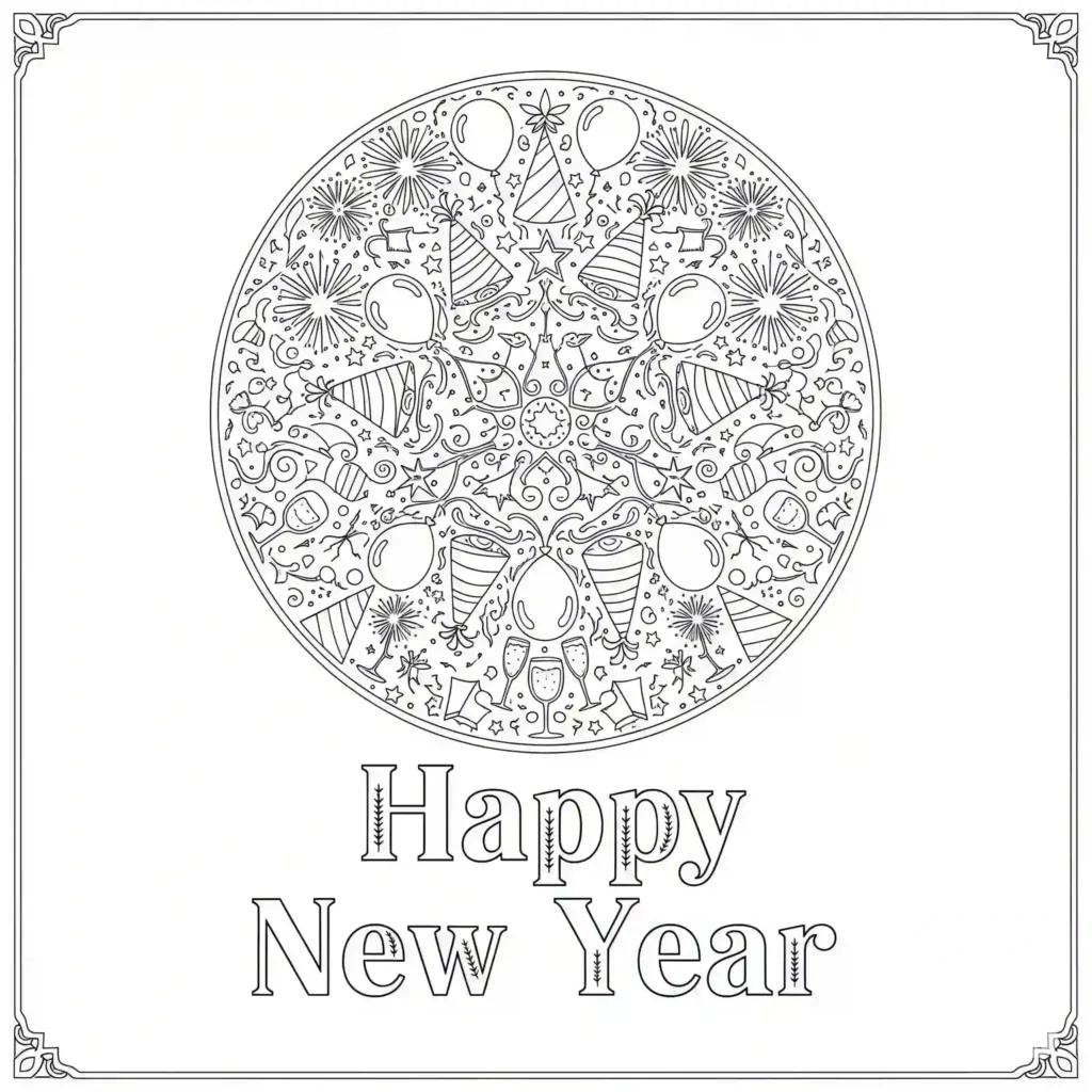 Black-and-white Happy New Year coloring page with an intricate mandala design including balloons, party hats, fireworks, confetti, and champagne glasses, with the text "Happy New Year" below.