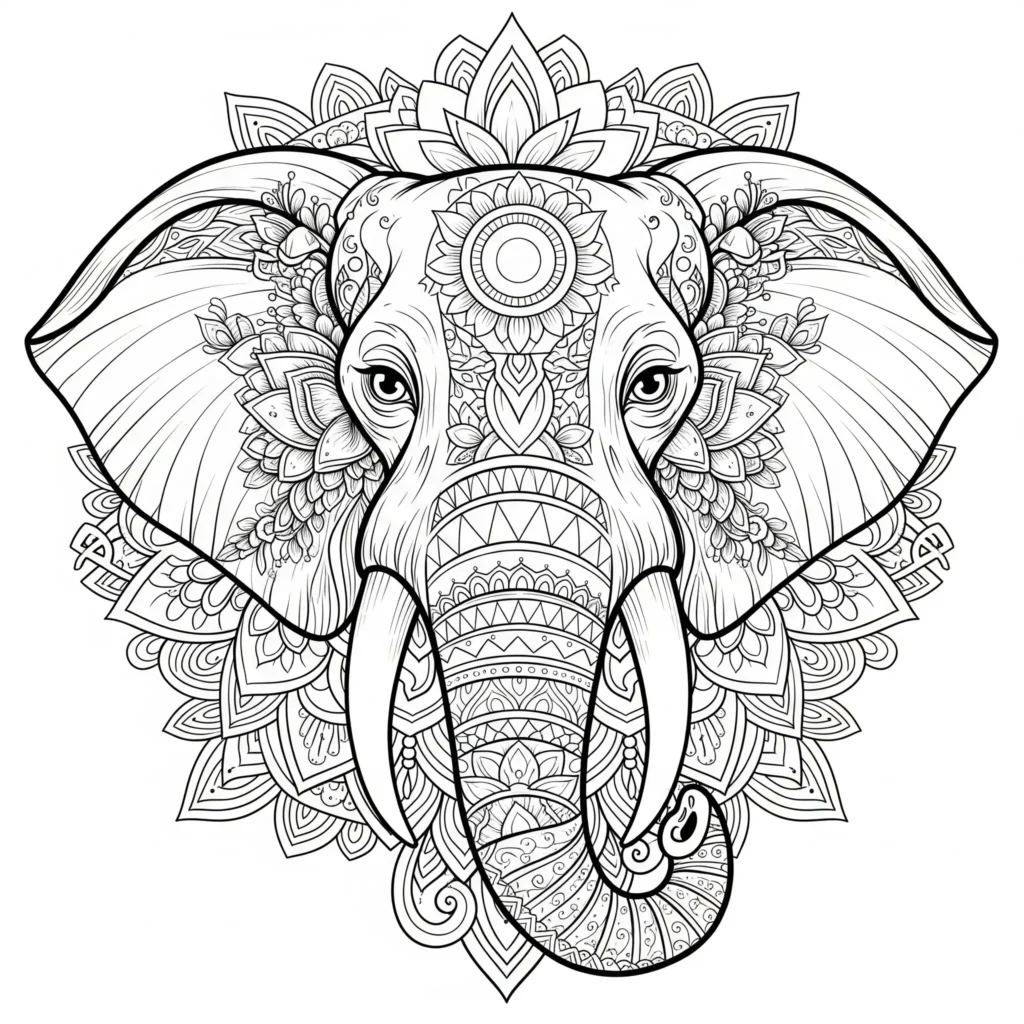 Black-and-white drawing of an elephant's face with intricate mandala patterns, surrounded by floral and geometric designs, including flowers and a sun motif.