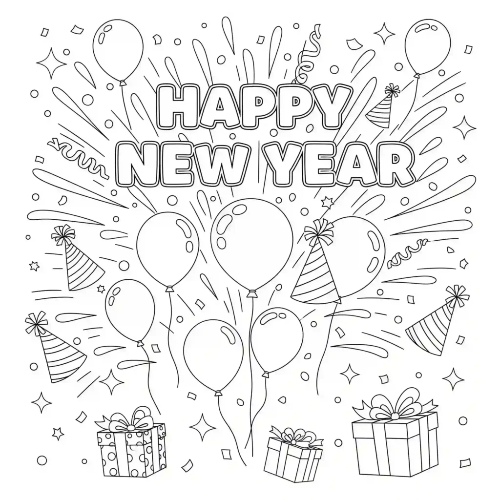 Black-and-white Happy New Year coloring page with balloons, party hats, gifts, confetti, and starburst effects around the text "HAPPY NEW YEAR."