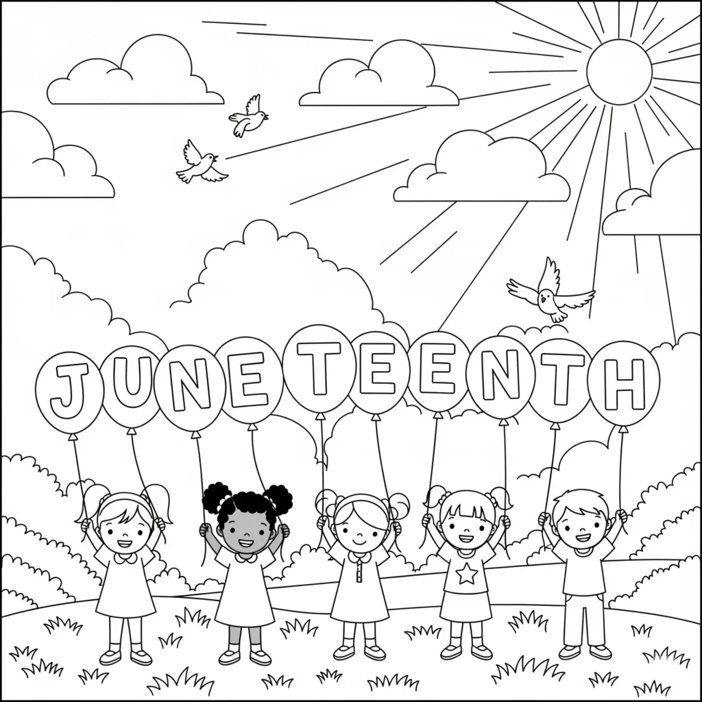 : Black-and-white illustration of children holding balloons spelling "JUNETEENTH" on a grassy field, with a sun, clouds, and doves flying in the sky, representing a joyful celebration of freedom.