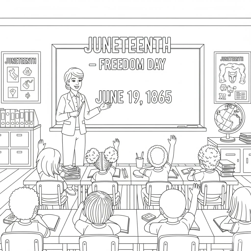 Black-and-white illustration of a teacher in a classroom with a blackboard reading "JUNETEENTH - FREEDOM DAY JUNE 19, 1865," students raising hands, and Juneteenth-themed decorations like posters, books, and a globe.
