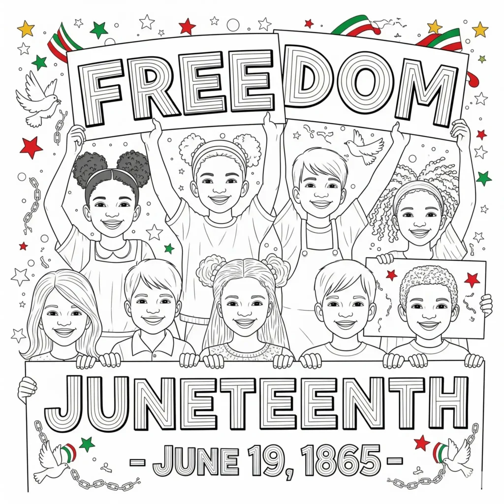 Black-and-white illustration of children holding a sign reading "FREEDOM JUNETEENTH - JUNE 19, 1865 -", with Juneteenth flags, doves, broken chains, and stars in the background, representing a celebration of freedom.