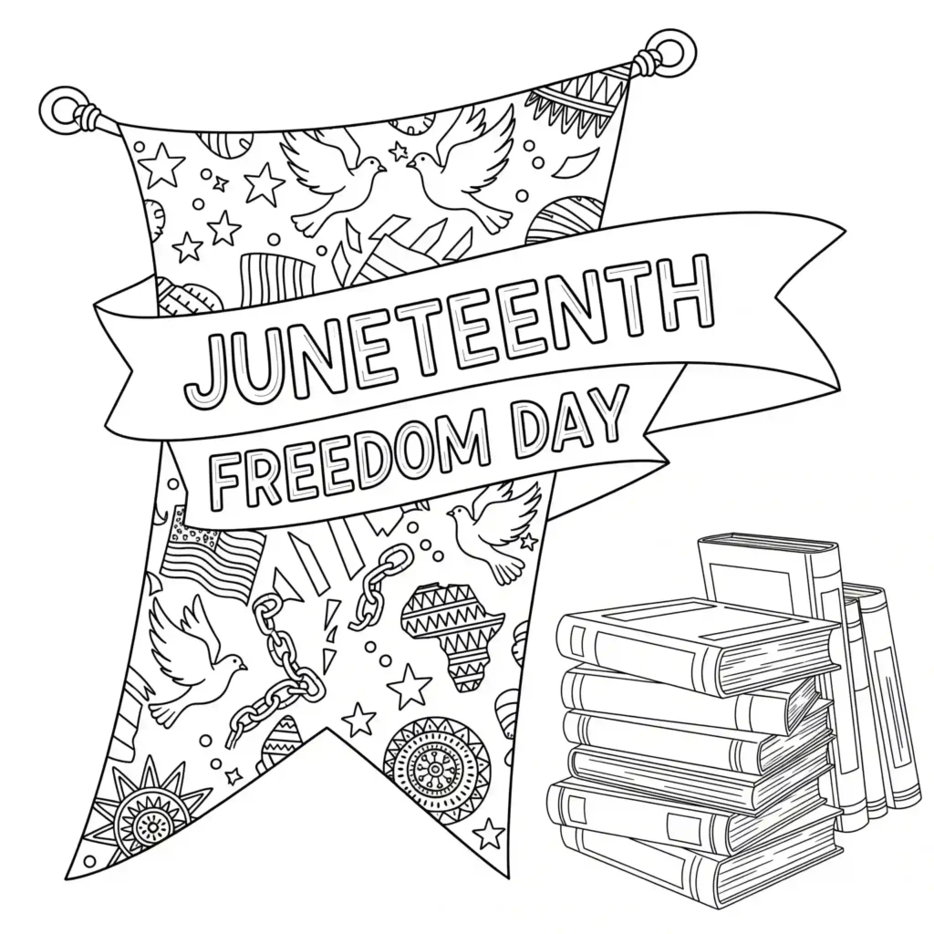 A black-and-white illustration of a banner reading "JUNETEENTH FREEDOM DAY," adorned with doves, broken chains, stars, and cultural patterns, next to a stack of books symbolizing knowledge and freedom.