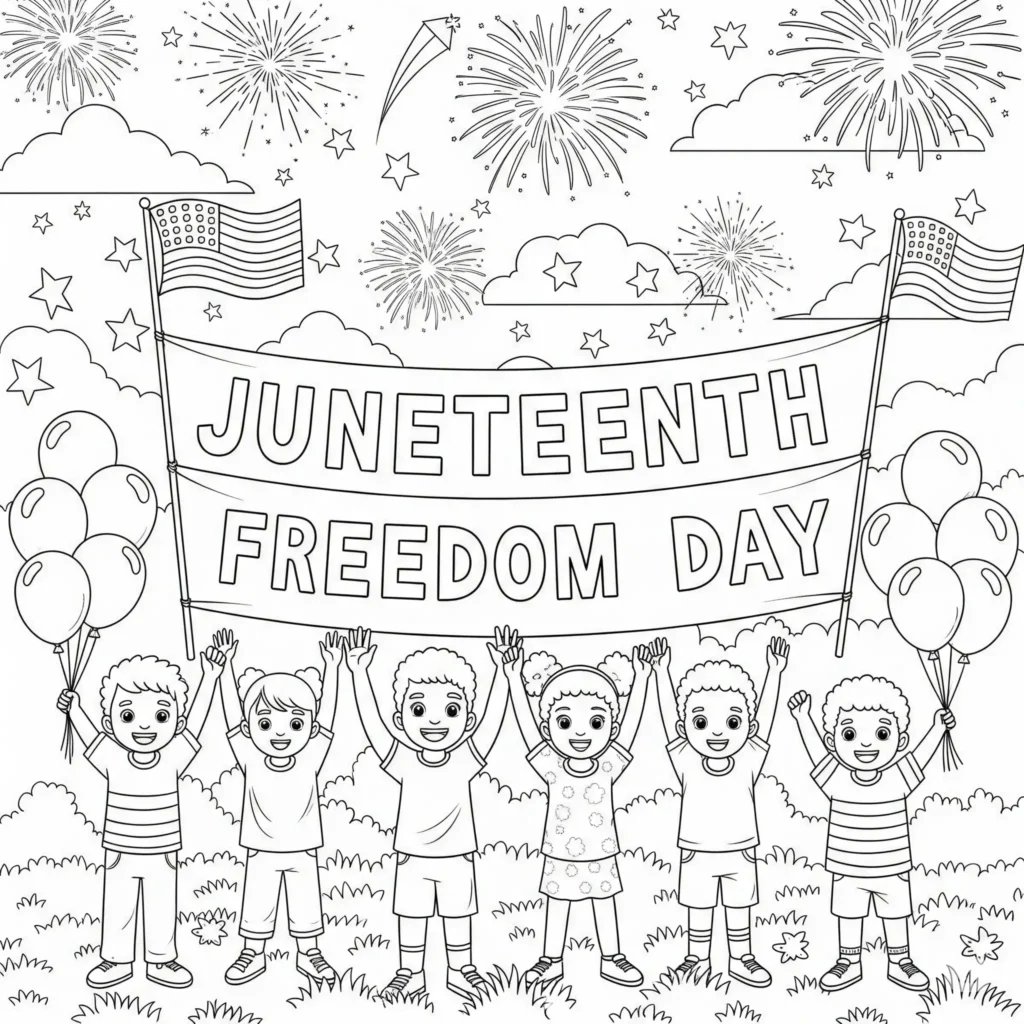 Black-and-white illustration of children with a "JUNETEENTH FREEDOM DAY" banner, surrounded by American flags, balloons, and fireworks, in a grassy area with clouds and stars in the sky.