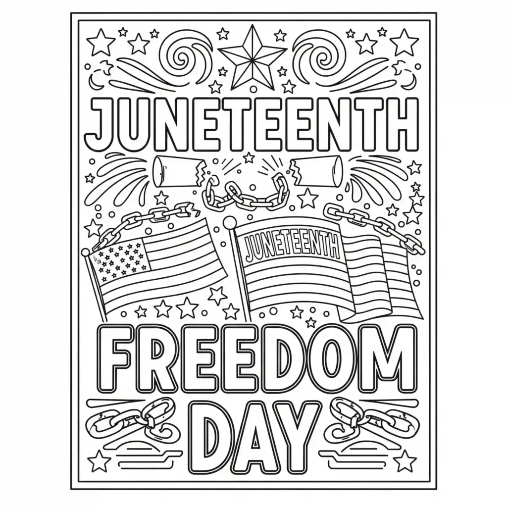 A black-and-white illustration with the words "JUNETEENTH FREEDOM DAY" in large letters, flanked by two Juneteenth flags and broken chains. Stars, swirls, and party poppers surround the text, representing celebration and freedom.