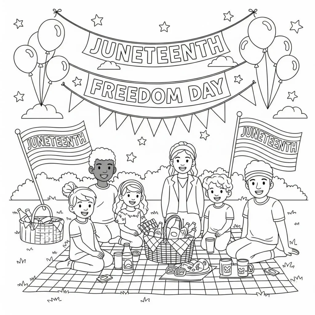 Black-and-white illustration of a group at a Juneteenth picnic on a checkered blanket with food and drinks, under a "JUNETEENTH FREEDOM DAY" banner, surrounded by balloons, Juneteenth flags, stars, and clouds.