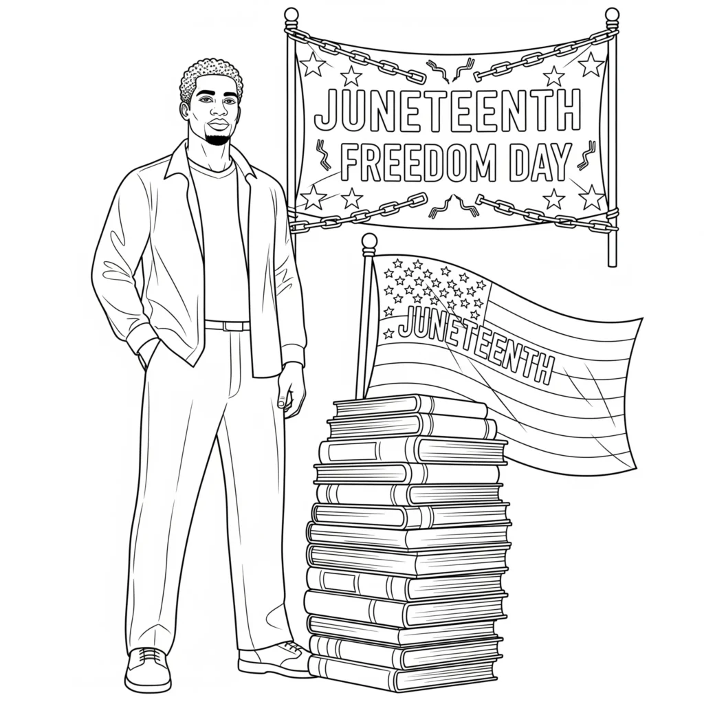 Black-and-white illustration of a person next to a stack of books, holding a Juneteenth flag, with a "JUNETEENTH FREEDOM DAY" banner featuring broken chains and stars in the background.