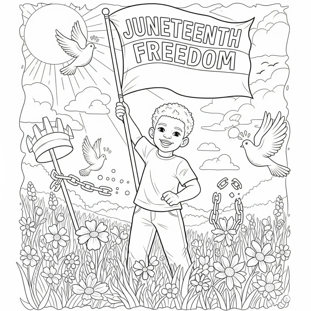 Black-and-white illustration of a child with a "JUNETEENTH FREEDOM" flag in a flower field, with broken chains, a sun, clouds, and doves flying in the sky, symbolizing freedom.