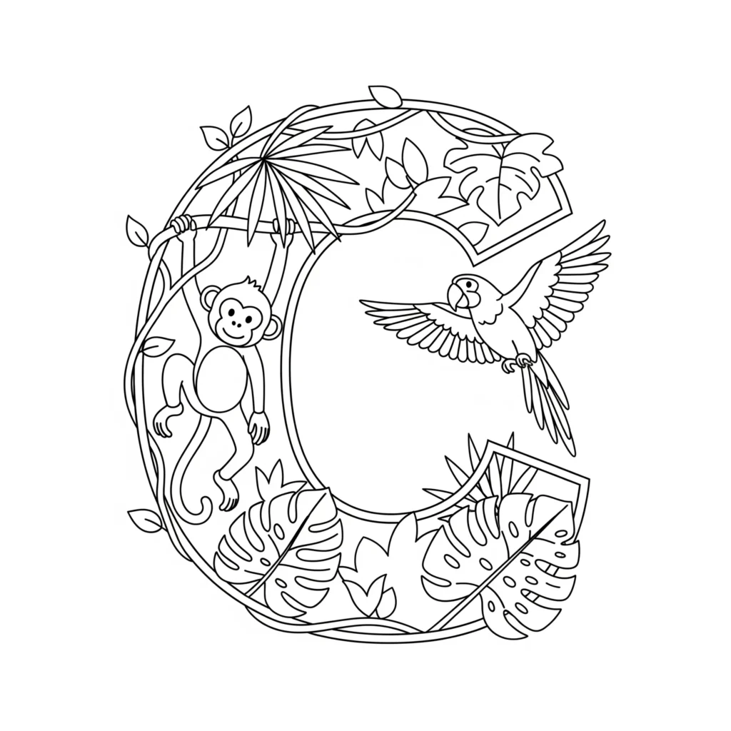Black outline of the letter "C" decorated with a monkey on vines, a flying parrot, and tropical leaves on a white background.