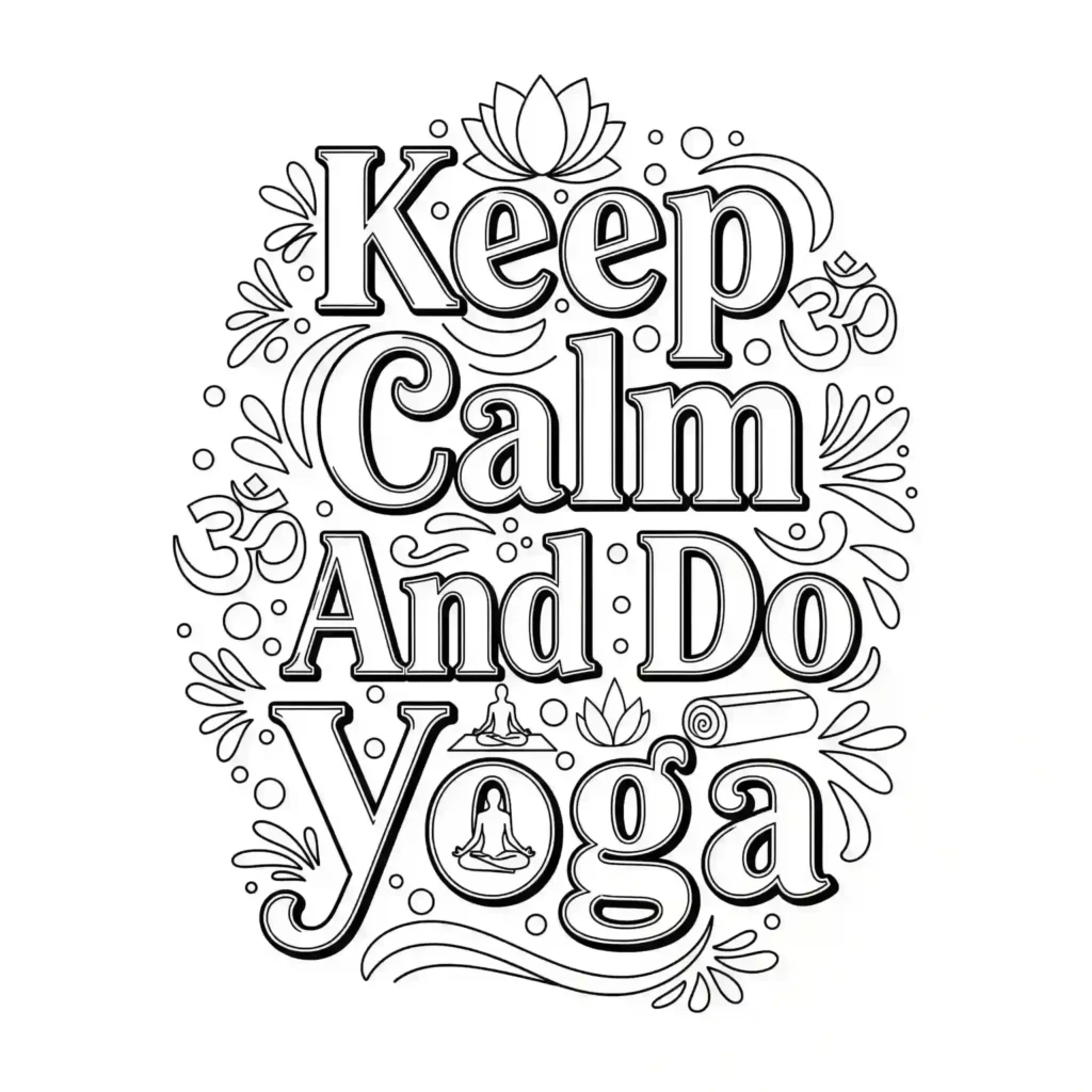 A coloring page with "Keep Calm and Do Yoga" text, decorated with lotus flowers, Om symbols, meditating figures, and floral designs.