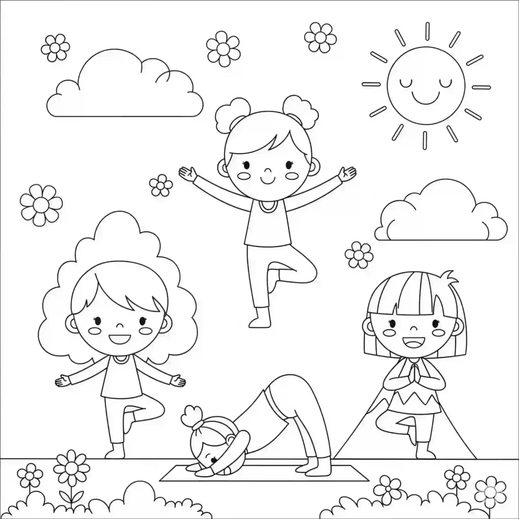 Black-and-white illustration of three children doing yoga poses (tree, downward dog, and prayer hands) on mats, with a smiling sun, clouds, and flowers in the background.