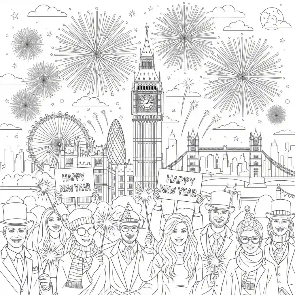 Black-and-white New Year's coloring page with London landmarks including Big Ben, the London Eye, and Tower Bridge, fireworks, and people holding "HAPPY NEW YEAR" signs and sparklers.