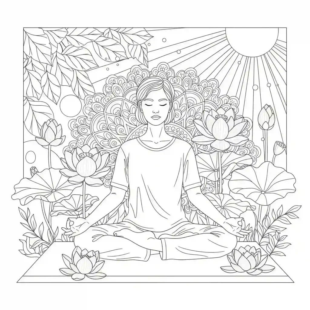 Black-and-white illustration of a person meditating in a lotus pose on a mat, framed by a mandala and lotus flowers, with the sun and foliage in the background.
