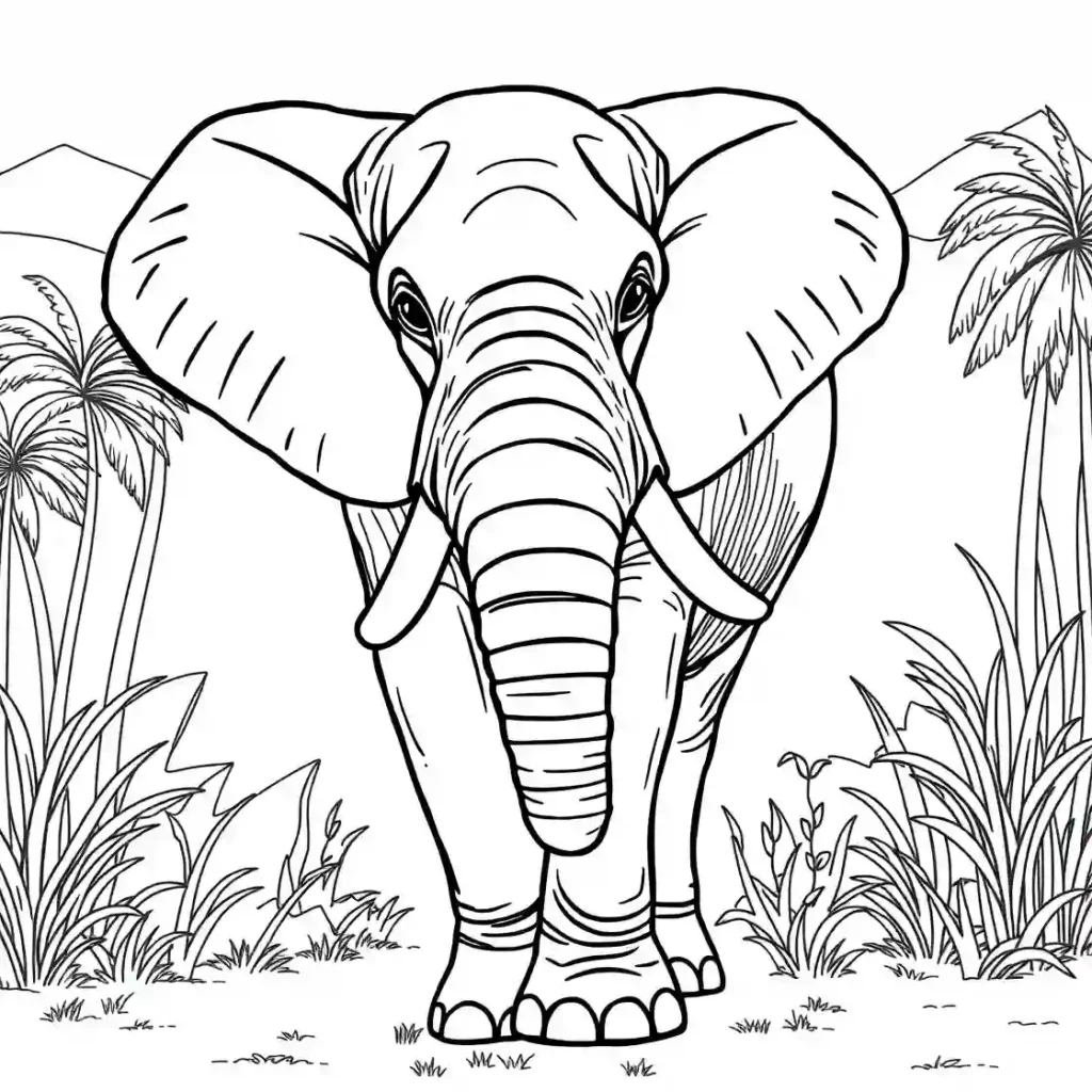 A black-and-white line drawing of a large elephant standing in a jungle setting, with a long trunk and big ears. The background includes tall grasses, palm trees, and mountains in the distance.