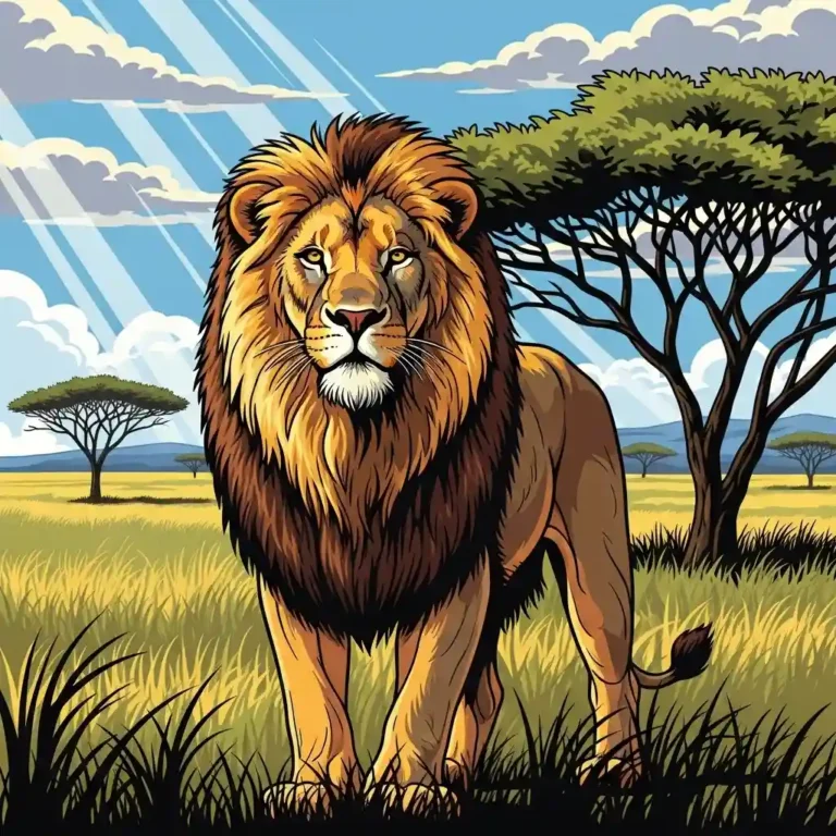 : A majestic male lion with a golden and brown mane stands in a grassy savanna under a cloudy sky with sun rays and acacia trees.